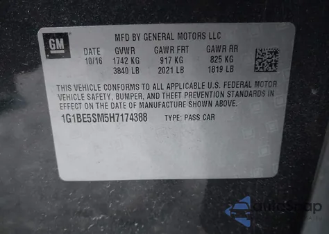 2017 Chevrolet Cruze Lt Auto from USA, damaged, VIN 1G1BE5SM5H7174388